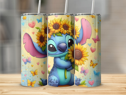 Cute Blue Alien with Sunflowers Design Tumbler
