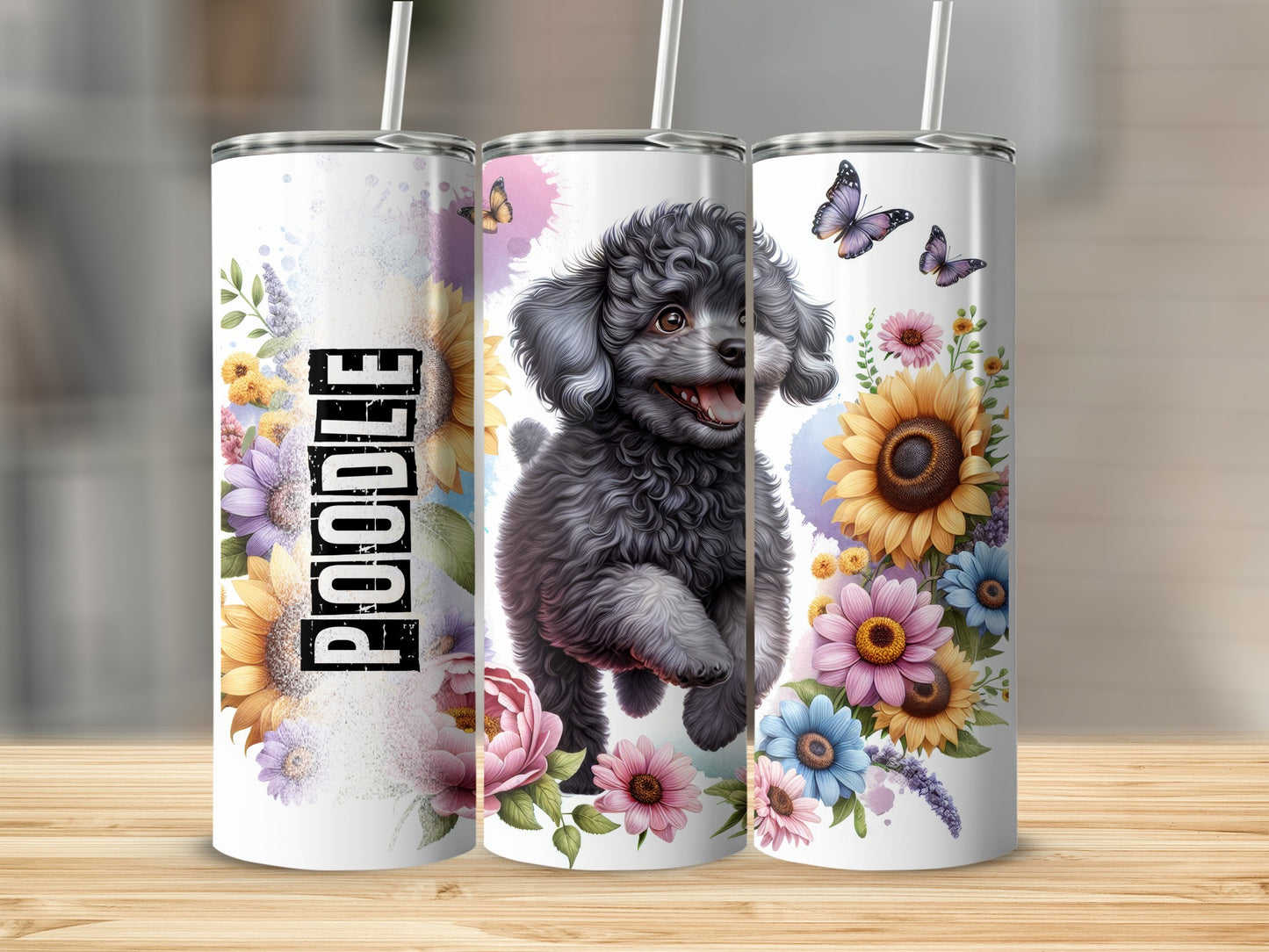 Black poodle with sunflowers and butterflies on a tumbler.