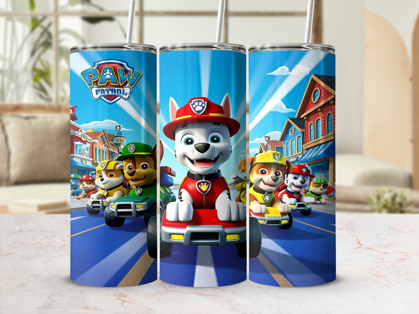Paw Patrol characters Ryder and Chase in their vehicles on a street.