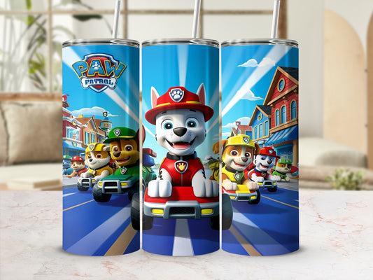 Paw Patrol characters Ryder and Chase in their vehicles on a street.