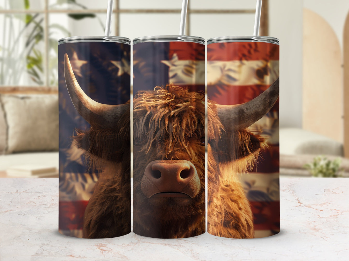 Highland cow with American flag design on three tumblers.