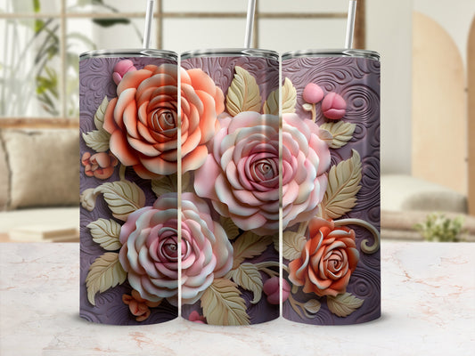 Purple tumbler with raised floral relief in pink and orange hues.