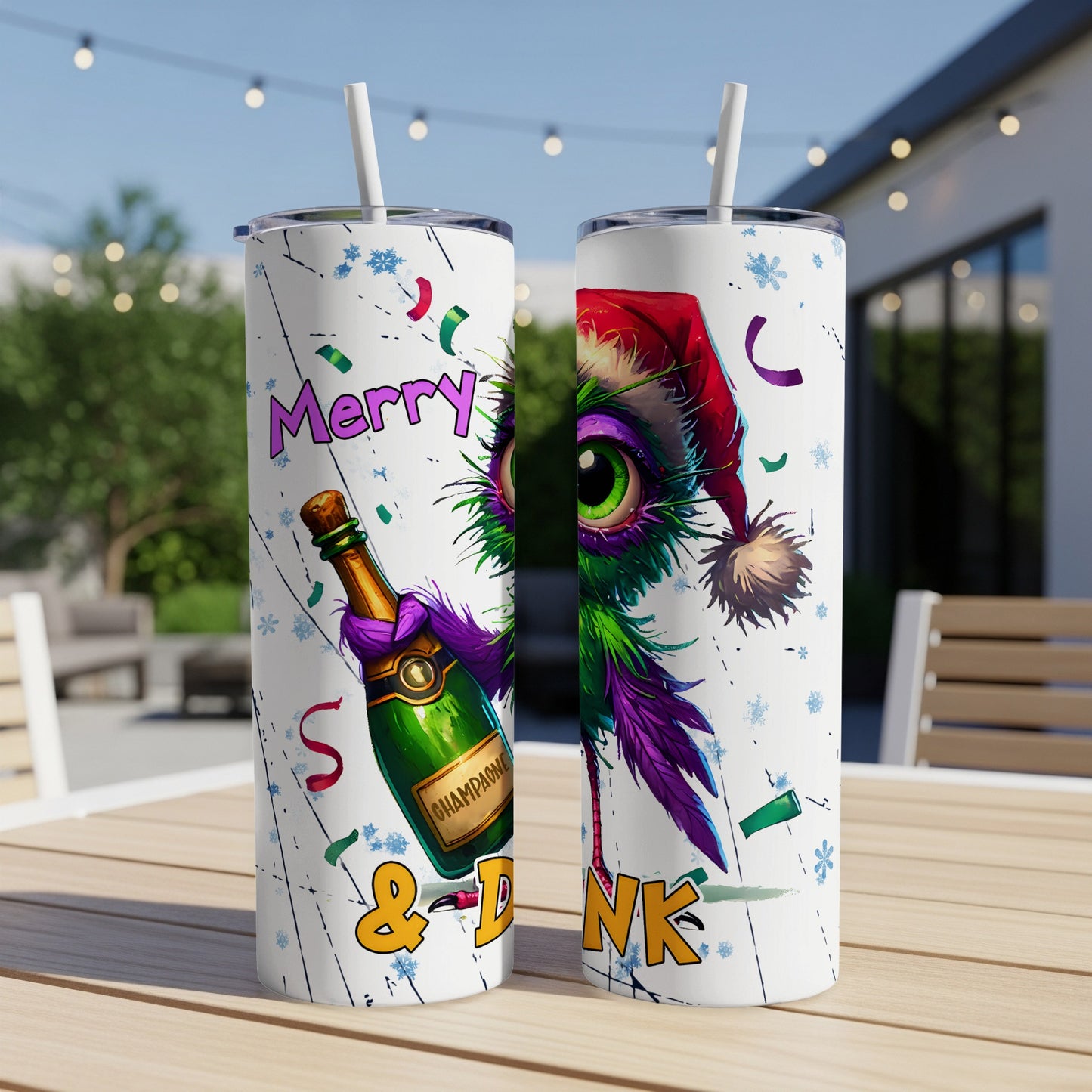 Green owl in Santa hat holding champagne, "Merry & Bright" text.