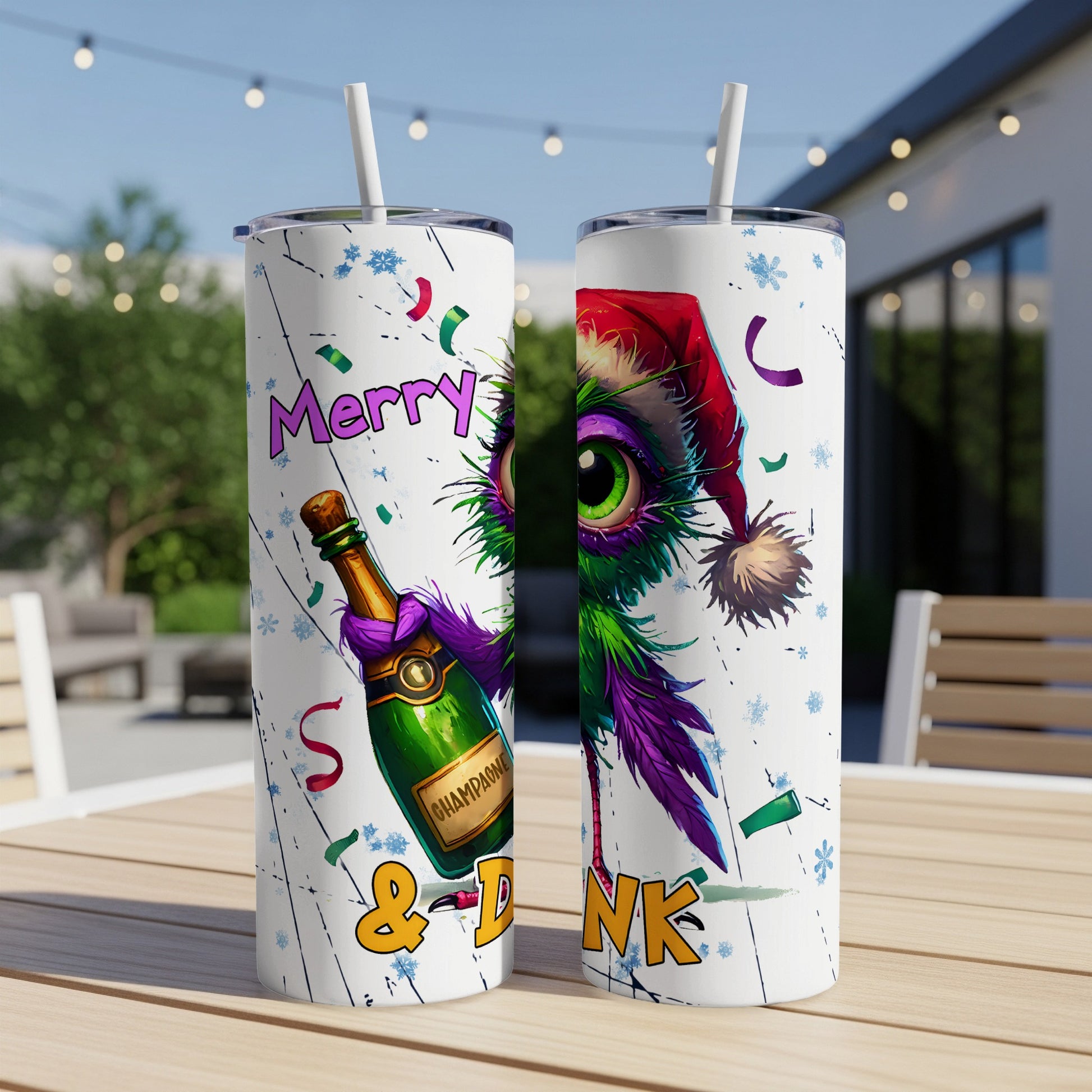 Green owl in Santa hat holding champagne, "Merry & Bright" text.