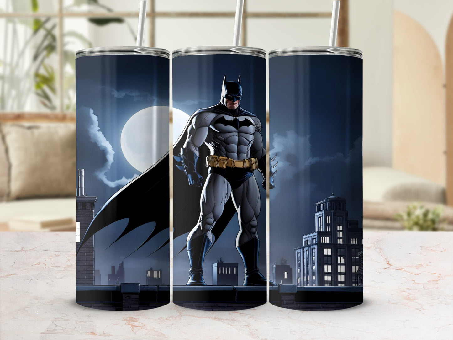 Batman standing on a rooftop with a full moon behind him.