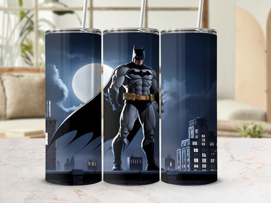 Batman standing on a rooftop with a full moon behind him.