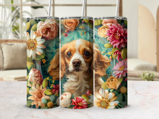 Three tumblers featuring a dog surrounded by colorful flowers and foliage.