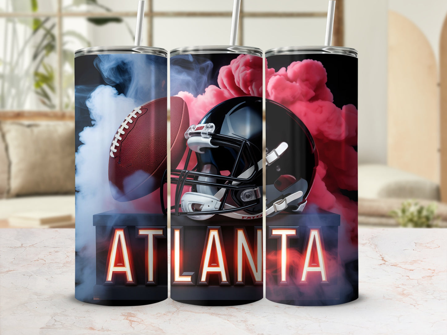Football helmet and ball on "Atlanta" base with smoky background.