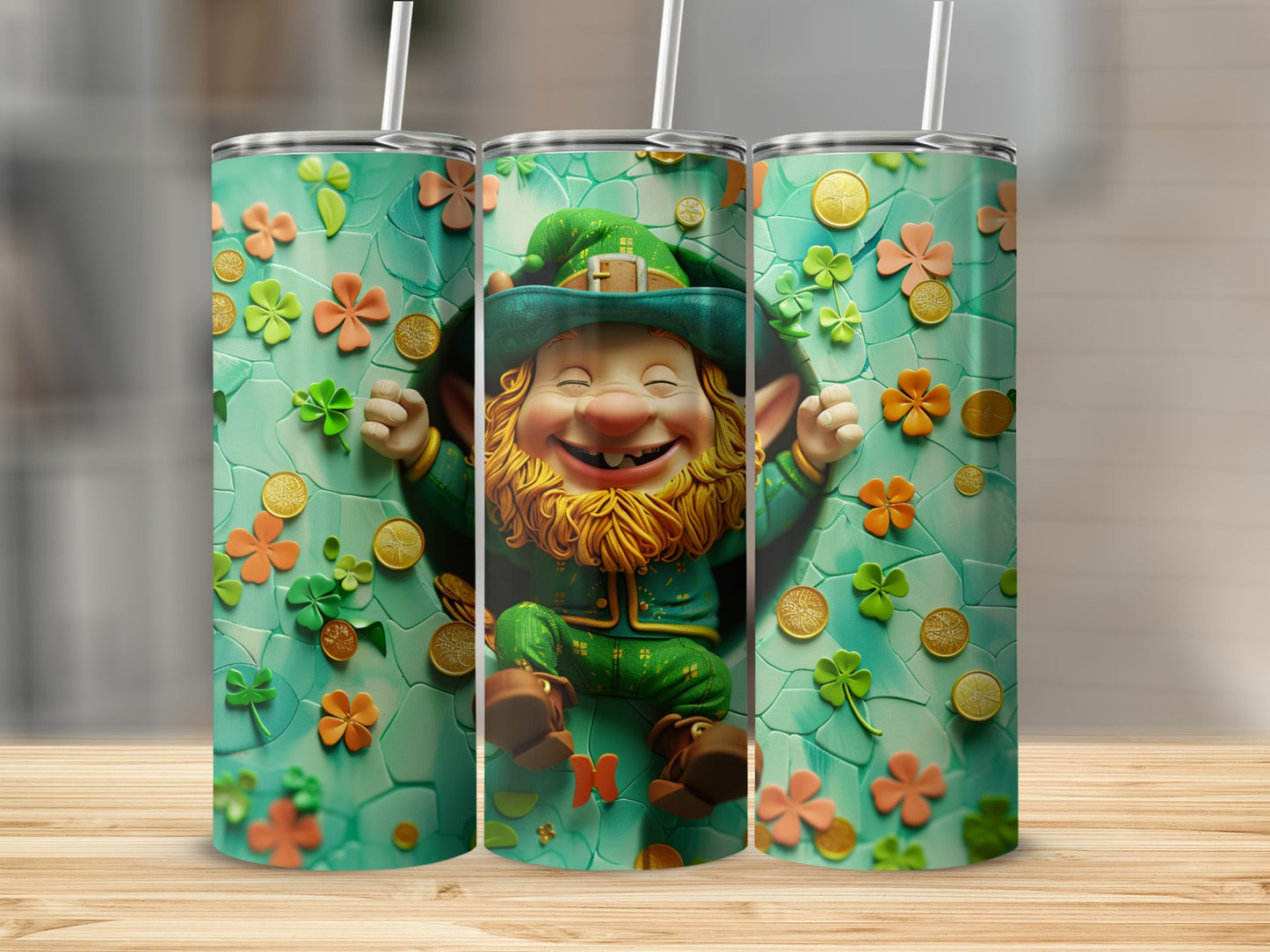 Leprechaun in green hat on a shamrock patterned tumbler.