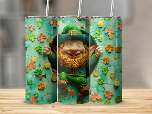 Leprechaun in green hat on a shamrock patterned tumbler.