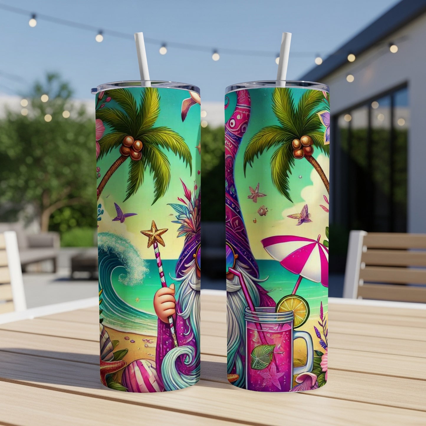 Two summery tumblers featuring a gnome, palm trees, ocean waves, and a pink drink.