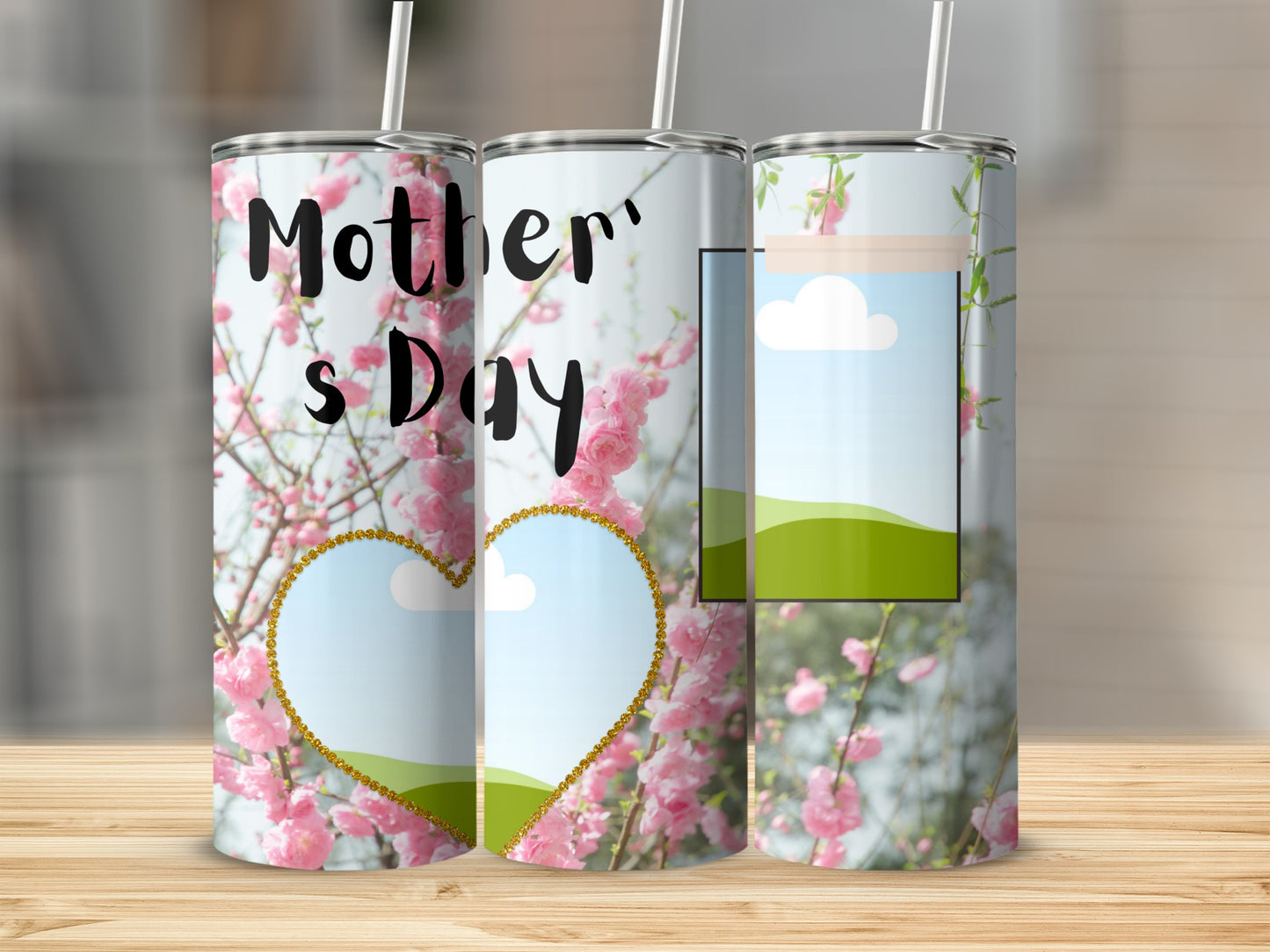 Tumbler with pink blossoms, "Mother's Day" text, and heart-shaped photo frame.