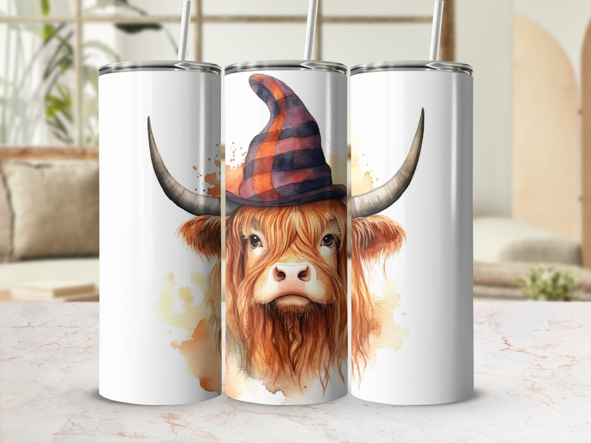 Highland cow wearing a witch hat, watercolor style, on a white tumbler.