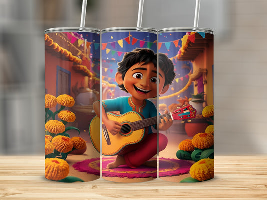Animated boy playing guitar with colorful string lights and marigolds.
