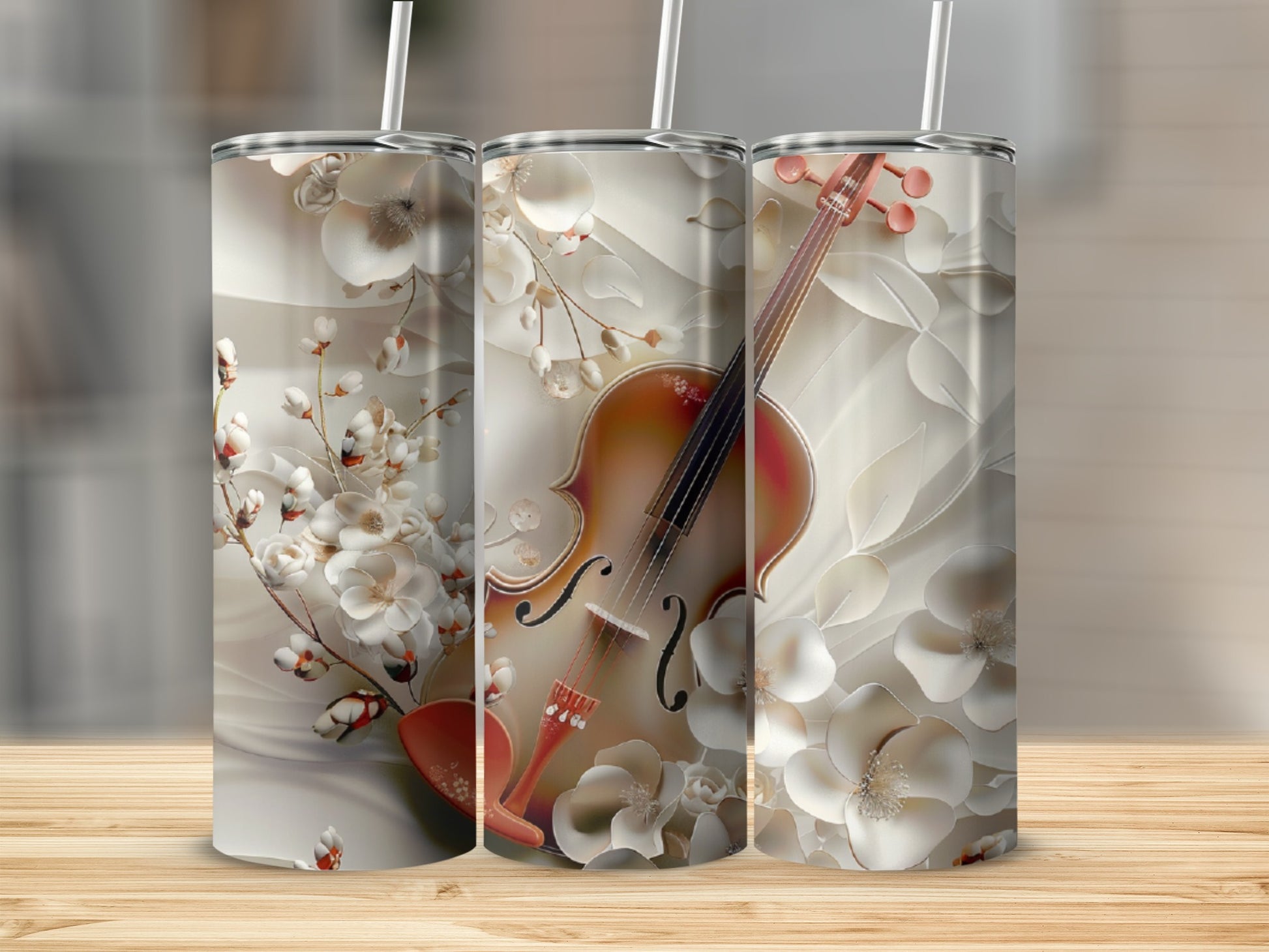 Violin with floral design on a white tumbler.