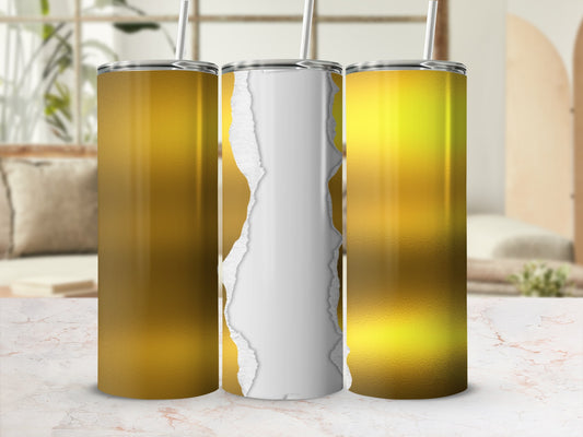 Three golden tumblers with torn paper texture on the middle tumbler.