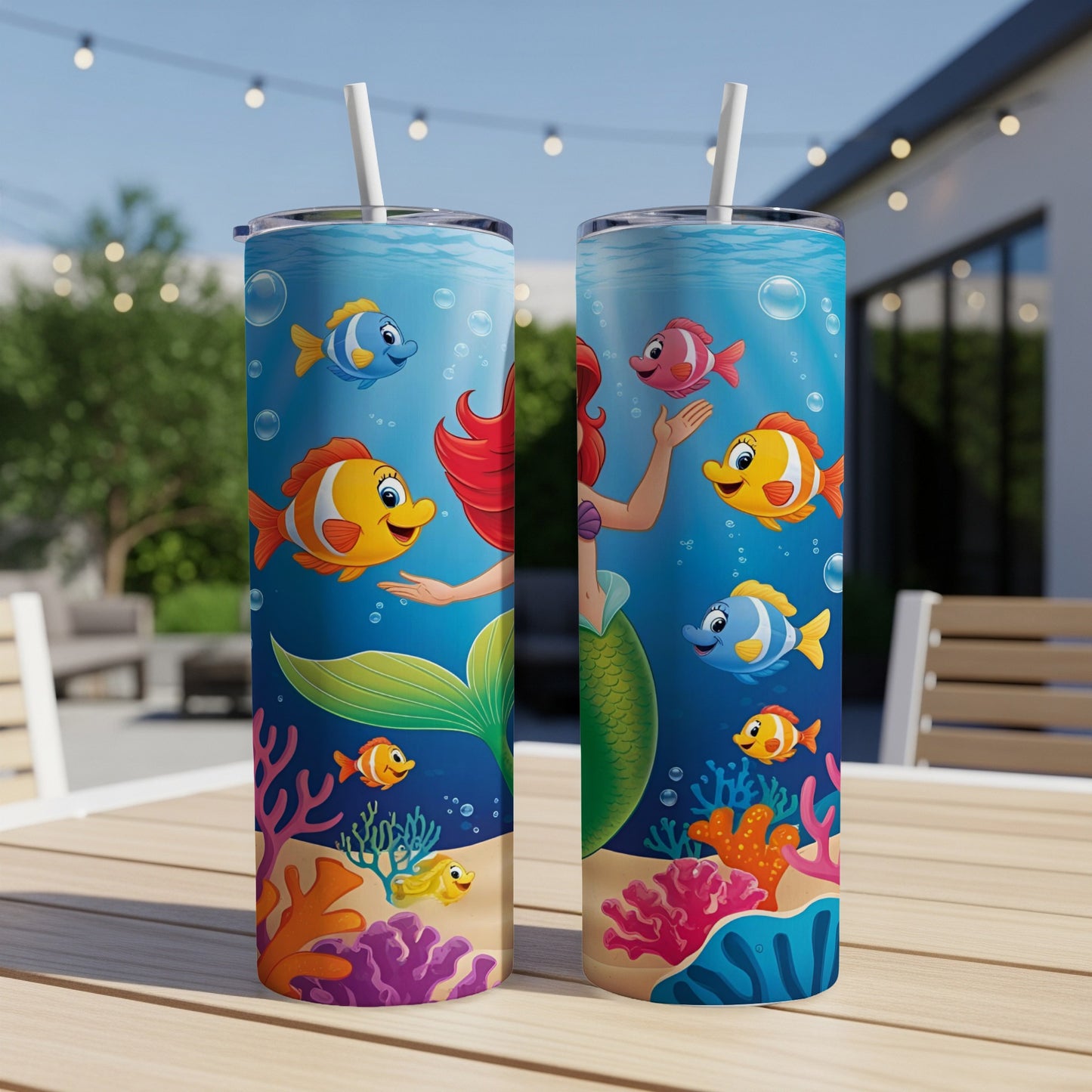 Two tumblers featuring a cartoon mermaid with fish and coral.