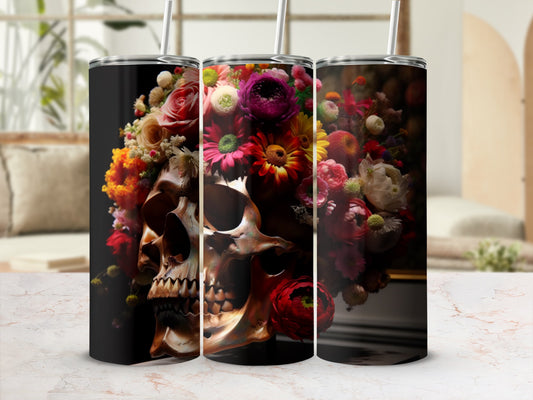 Skull tumbler with floral arrangement, black background, three tumblers displayed.