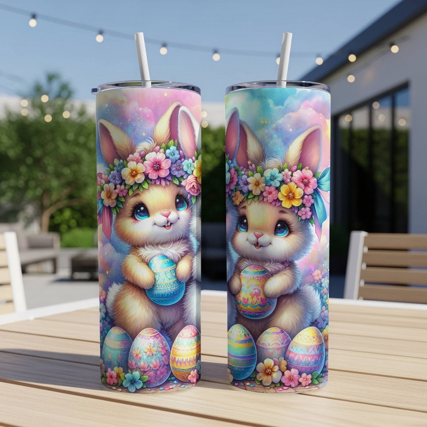 Two Easter bunny tumblers with colorful floral crowns holding decorated eggs.
