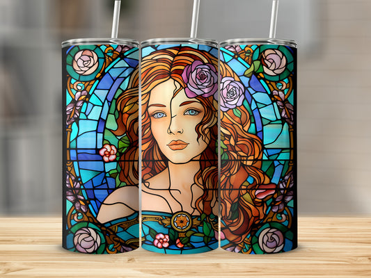 Stained glass tumbler featuring a woman with flowers in her hair.
