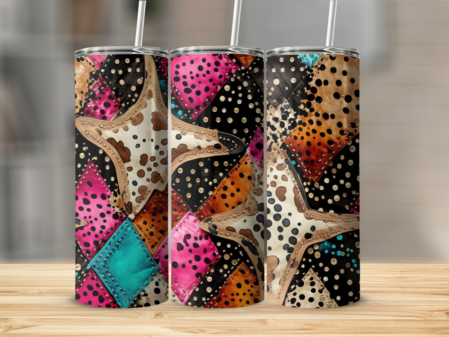 Quilted star and polka dot pattern tumbler with straws.