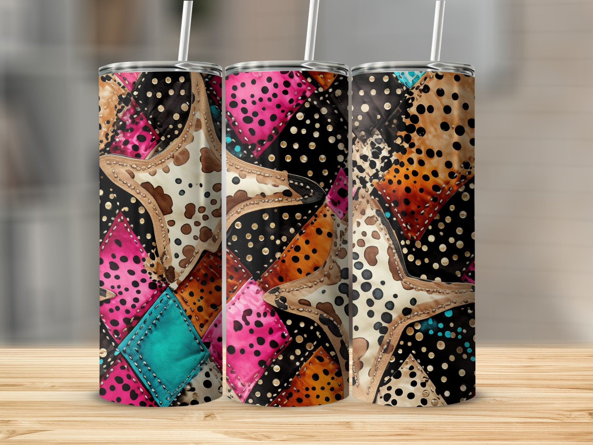 Quilted star and polka dot pattern tumbler with straws.