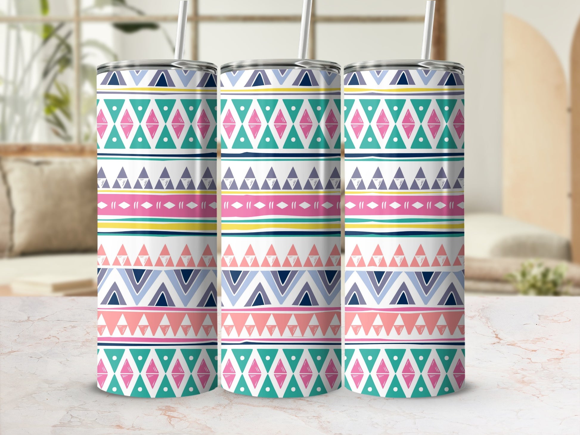 Colorful Geometric Pattern Tumbler with Straw