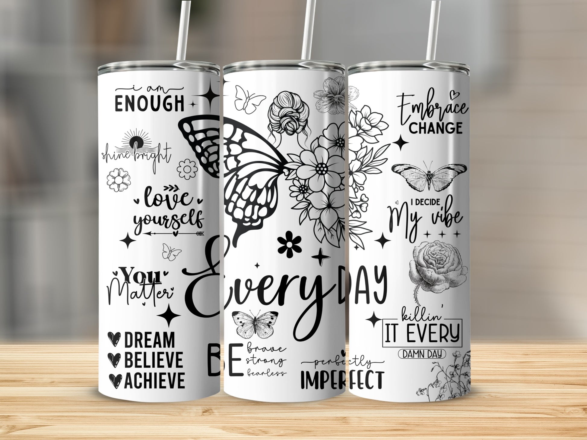 Motivational Quotes Tumbler with Floral and Butterfly Designs