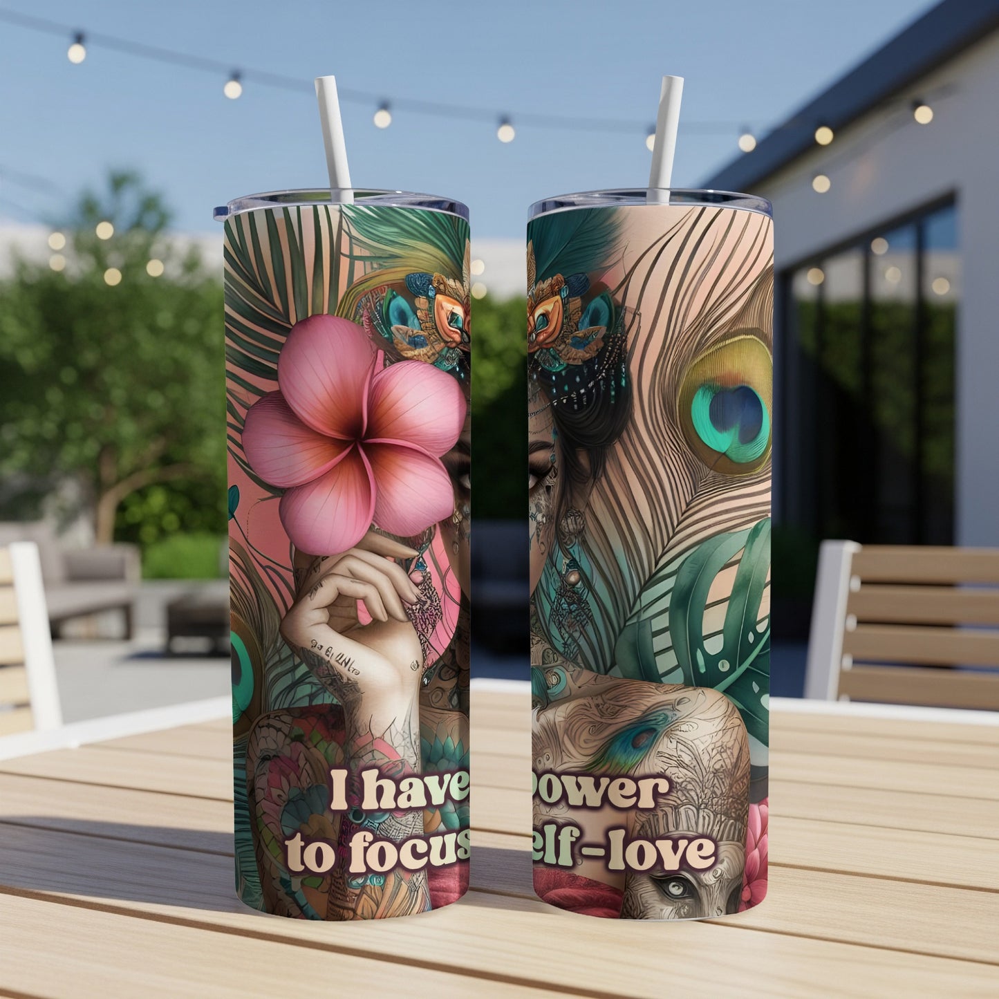Two tumblers with floral and peacock feather designs and text "I have power to focus self-love".