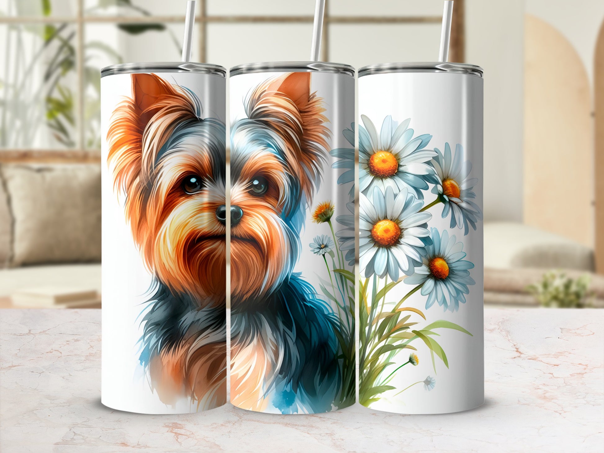 Yorkshire Terrier and daisies on a white tumbler with straw.