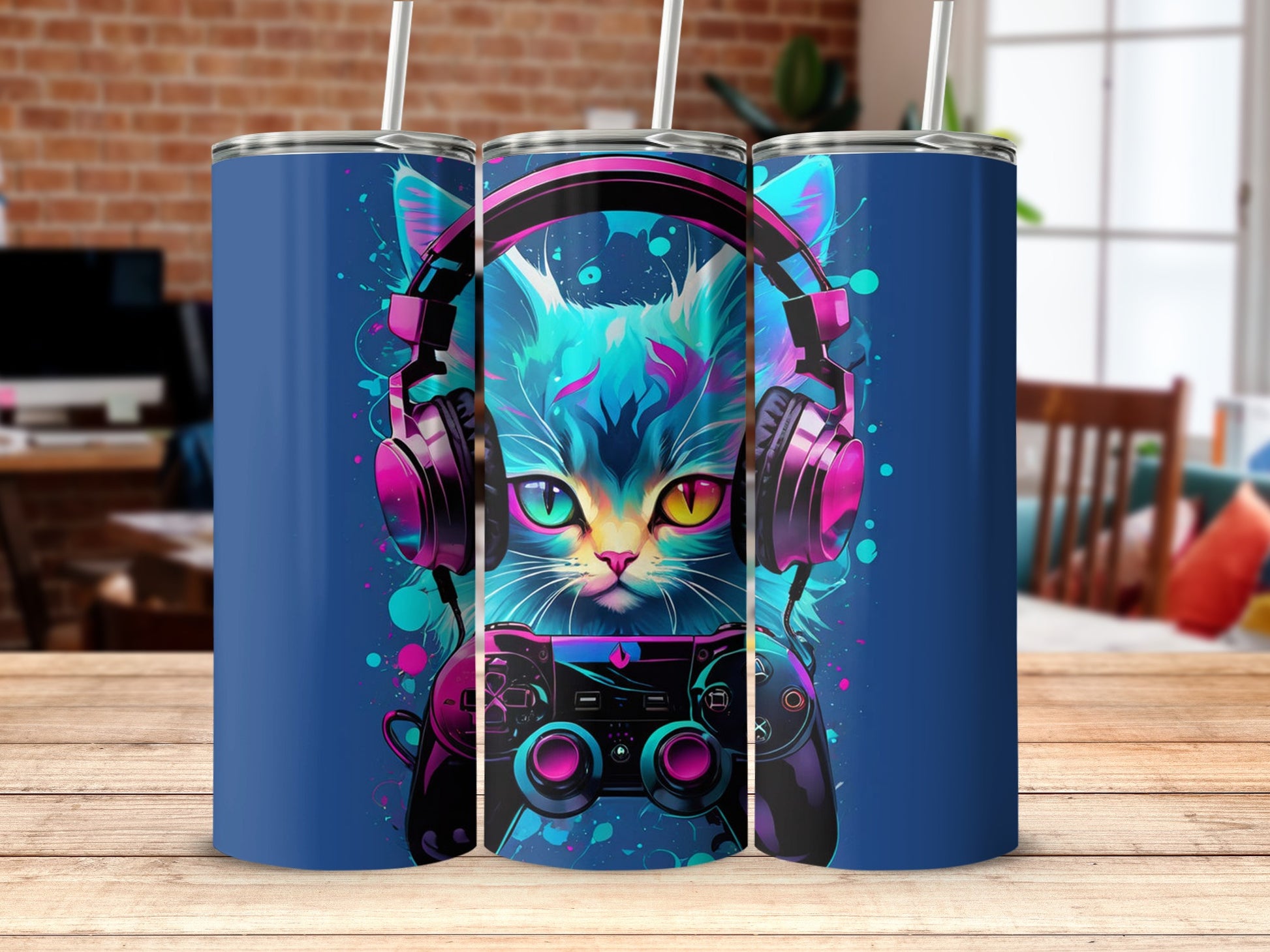 Vibrant Cat with Headphones and Game Controller Tumblers