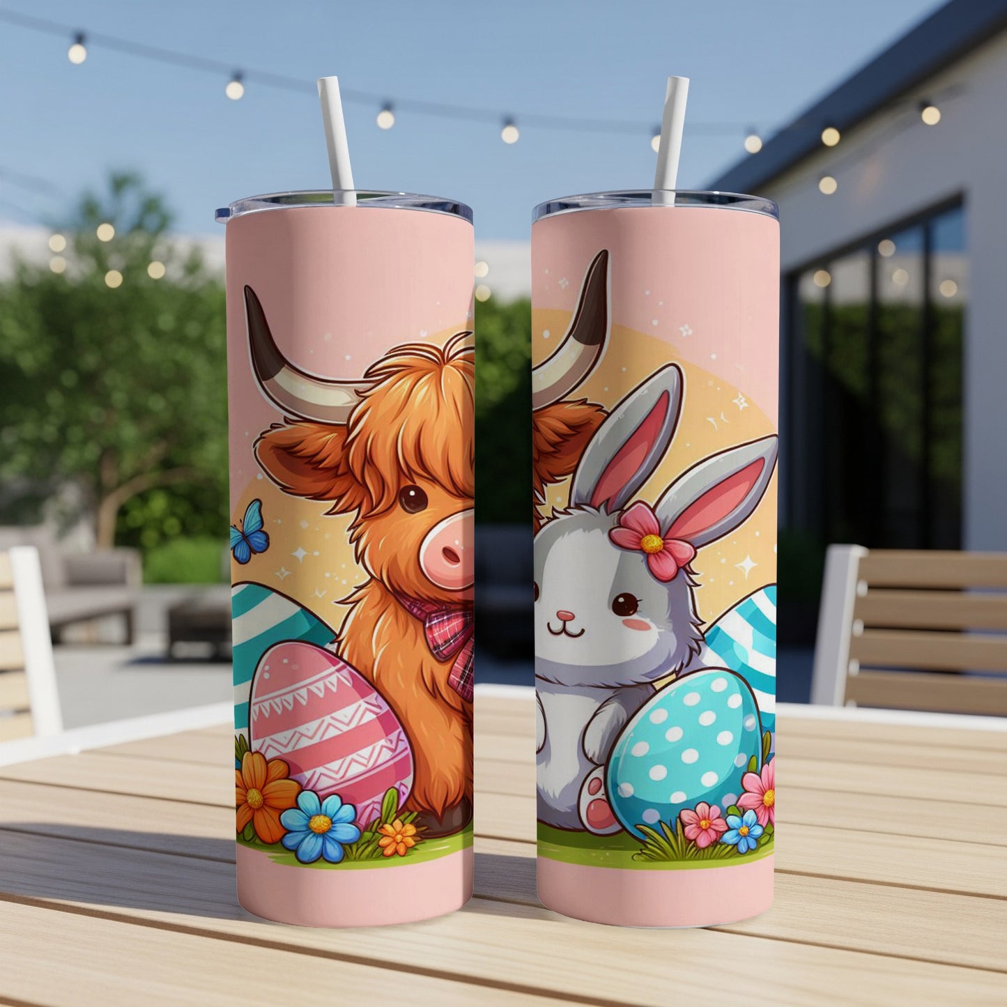 Two Easter-themed tumblers featuring a Highland cow and a bunny with decorated eggs.