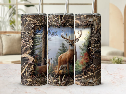 Triptych of tumblers featuring a forest scene with deer and camouflage border.