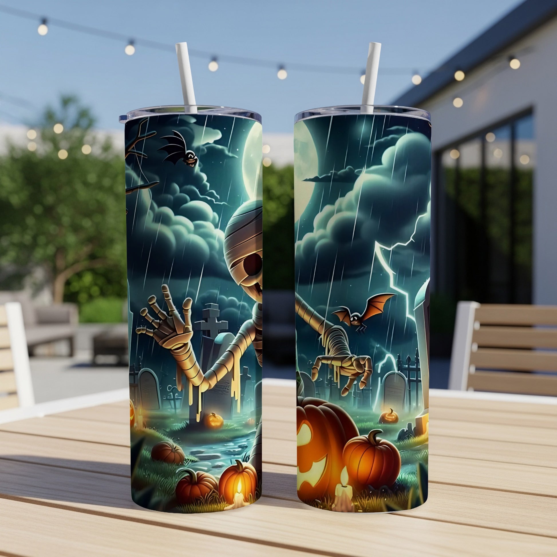 Two Halloween-themed tumblers with mummy, bat, pumpkins, and graveyard on a table.