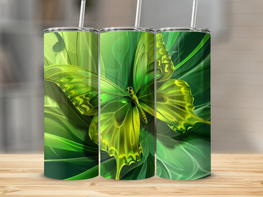 Green butterfly design on a set of three tumblers.