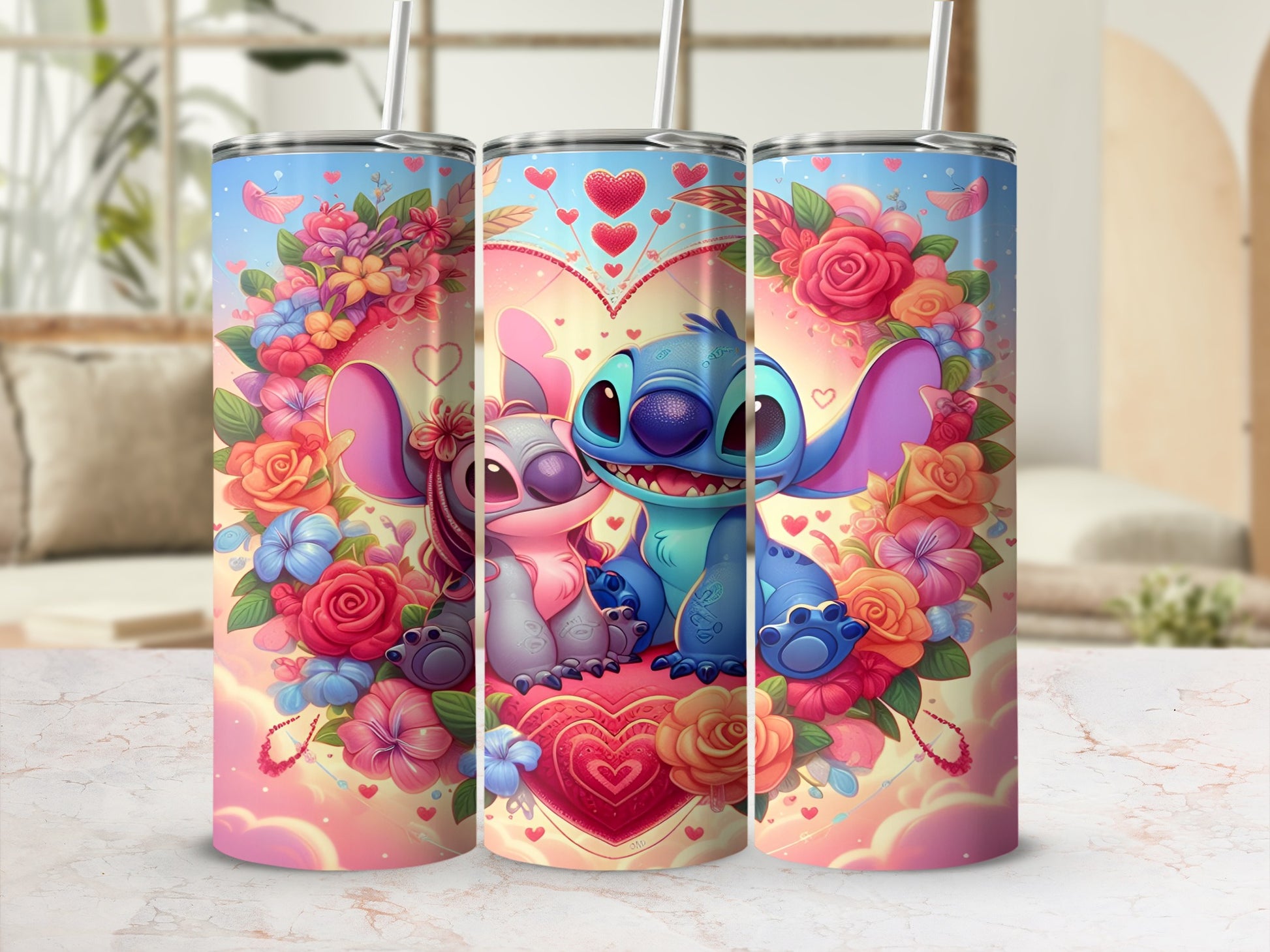 Stitch and Angel characters embrace on a heart surrounded by flowers and clouds.