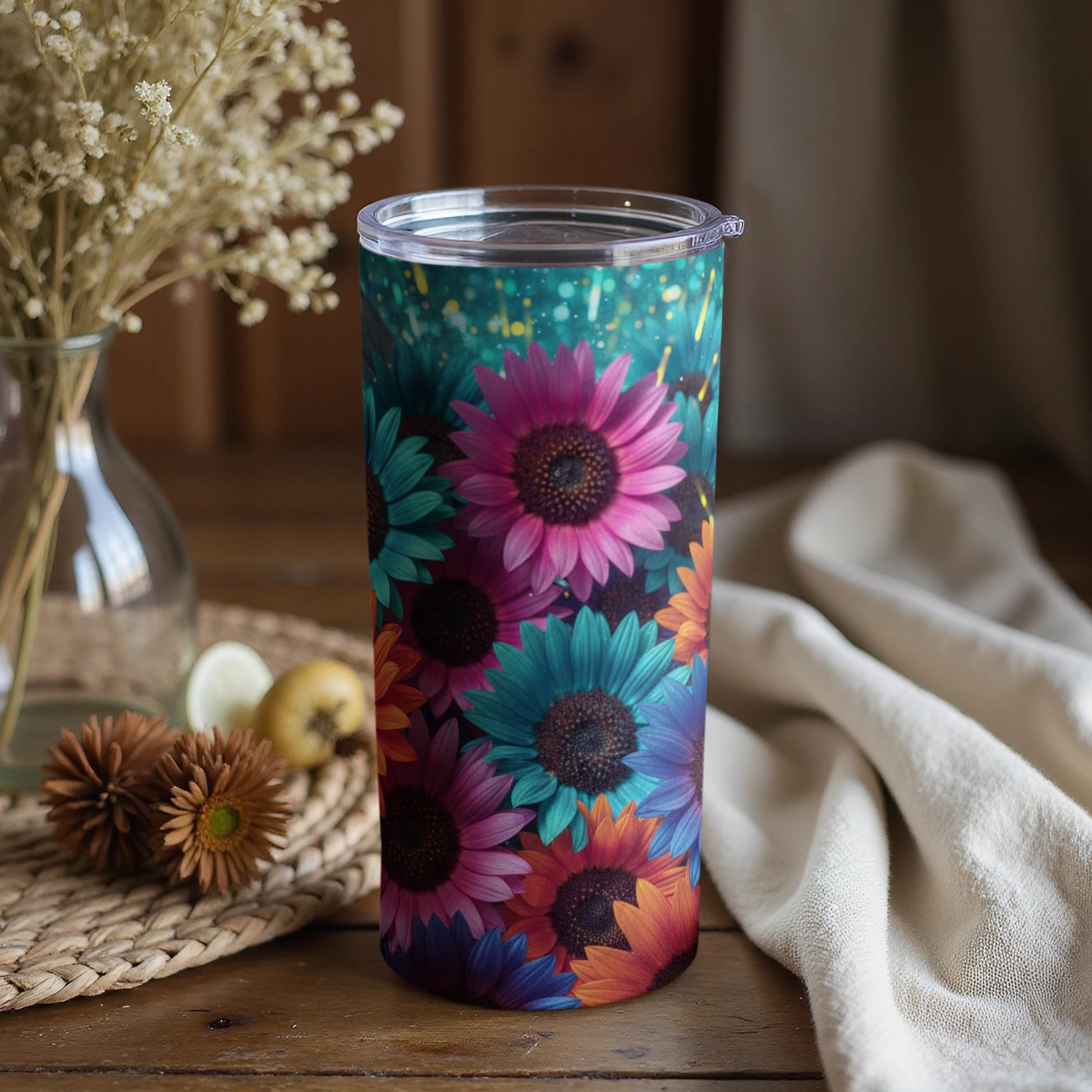 Colorful Floral Artwork Insulated Tumbler Cup