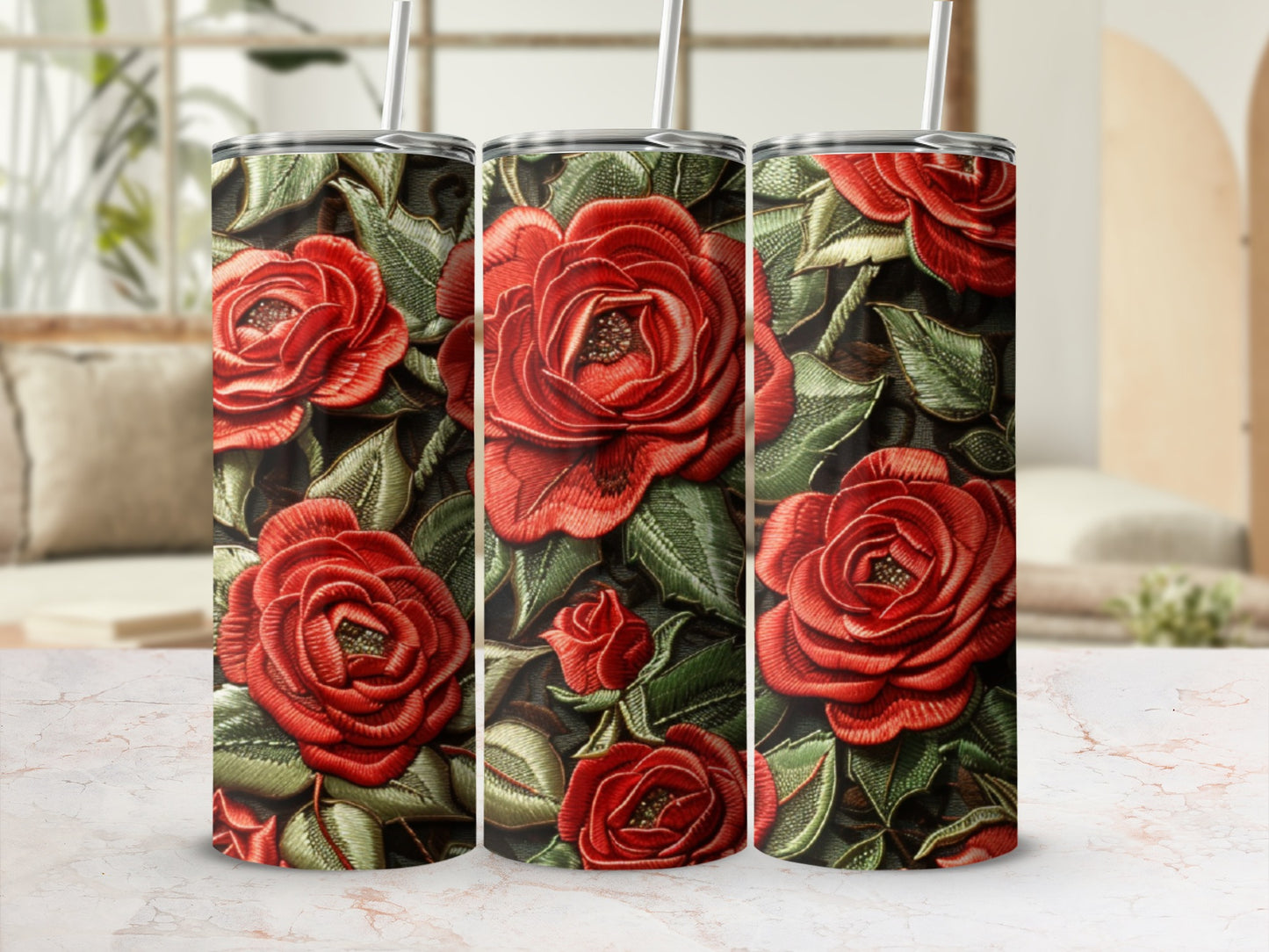 Three tumblers with realistic red rose and green leaf embroidery design.