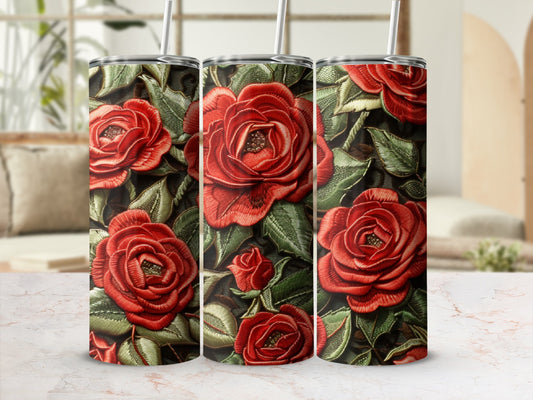 Three tumblers with realistic red rose and green leaf embroidery design.