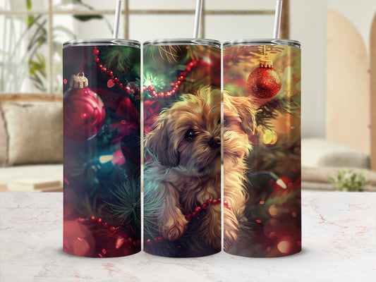 Christmas Dog and Ornaments Tumbler with Straw