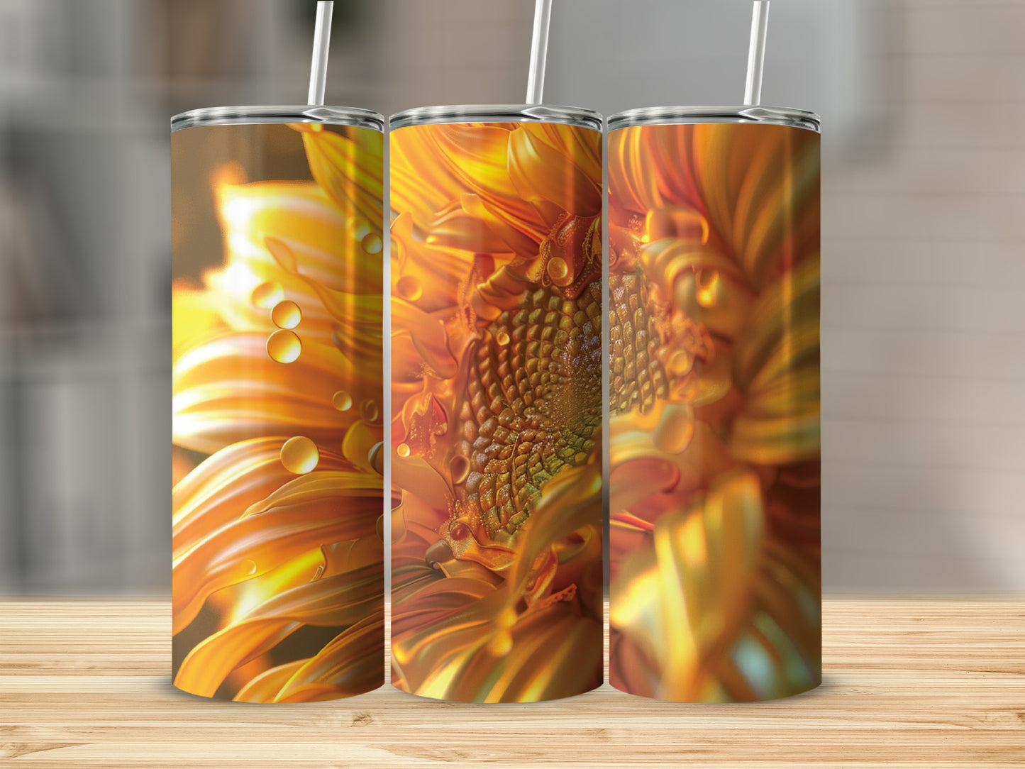 Close up of a bright orange sunflower with water droplets, shown on three tumblers.