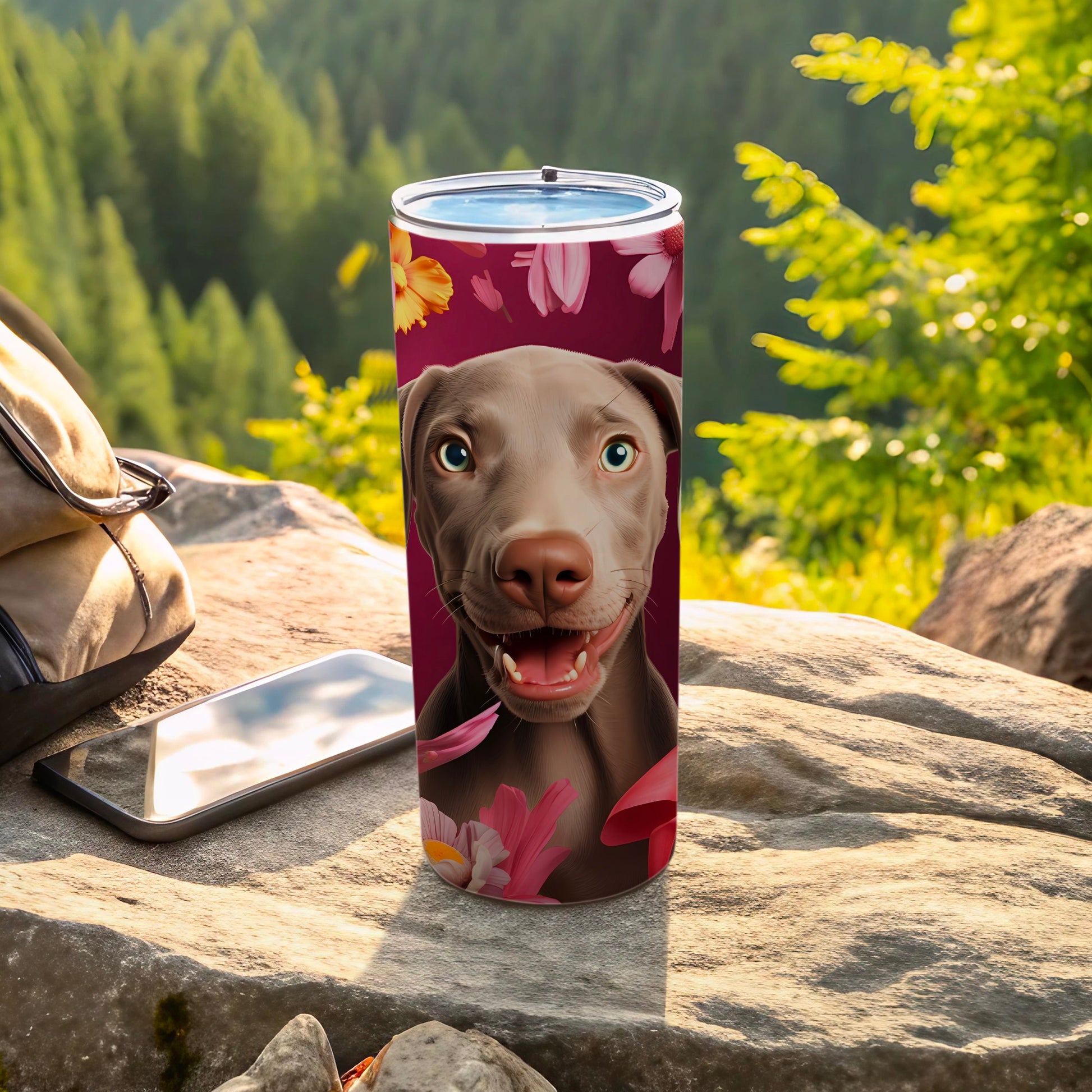Happy Puppy Flowers Maroon Background Insulated Tumbler product type