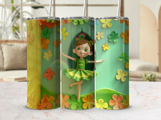 Child ballerina in green dress with floral background and rainbow arch.