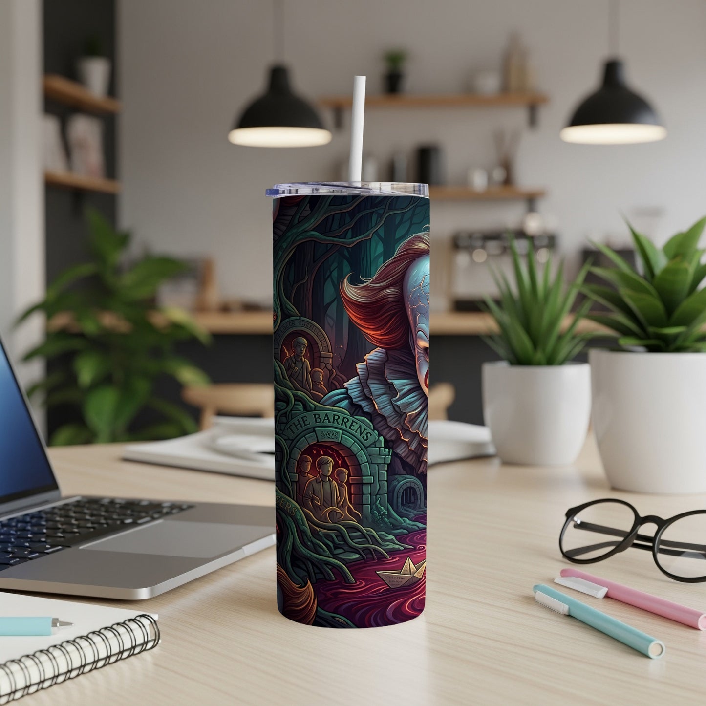 Tumbler with Pennywise clown illustration and "The Barrens" text.