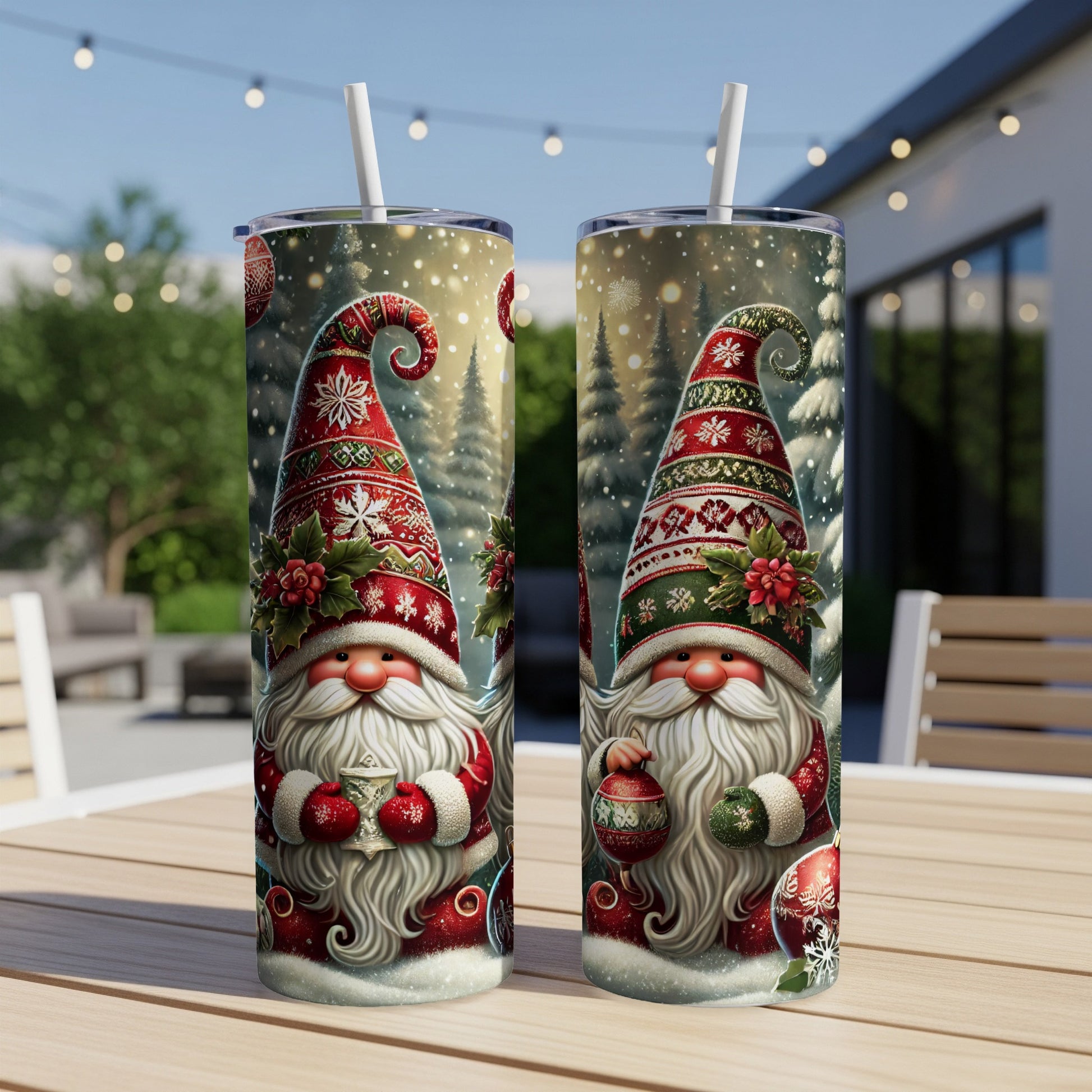 Two Christmas gnomes holding ornaments, on a wooden table outdoors.