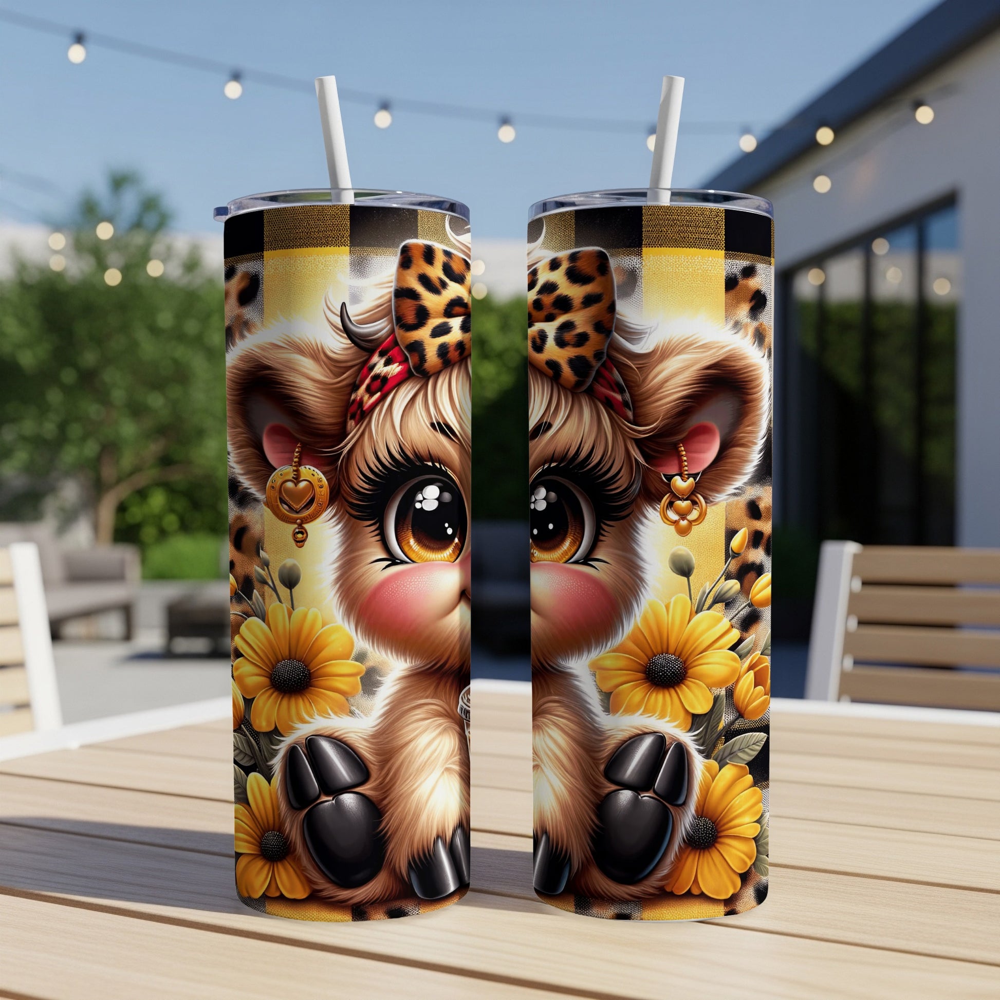 Two tumblers with a cute cow design and sunflowers, set on a wooden table.