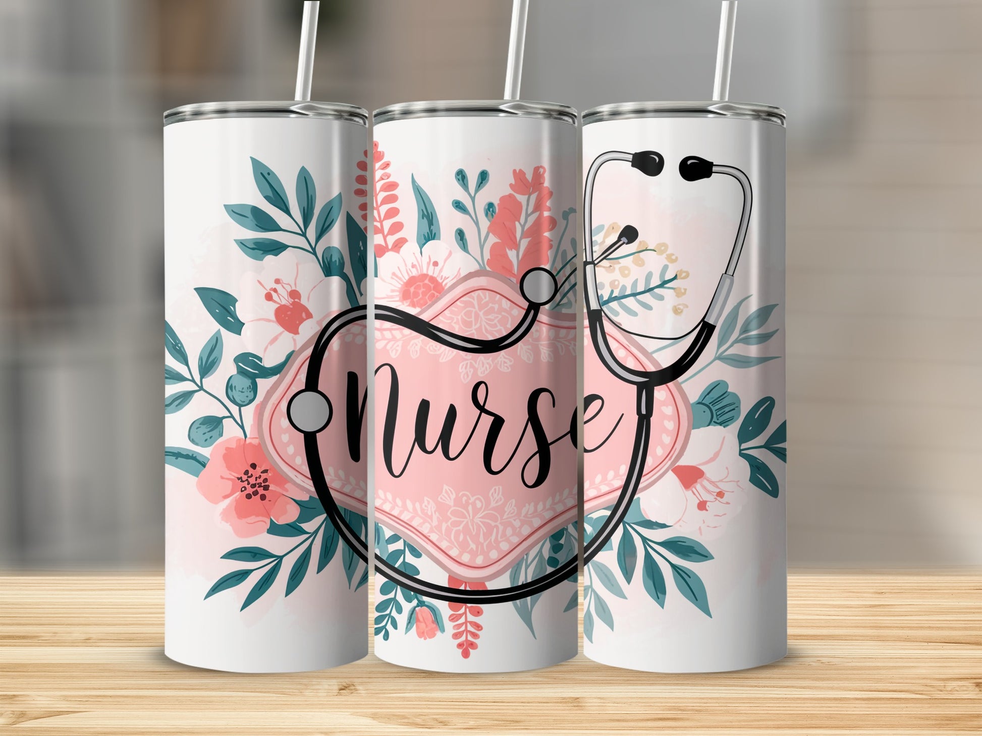 Nurse stethoscope and floral design on three white tumblers.