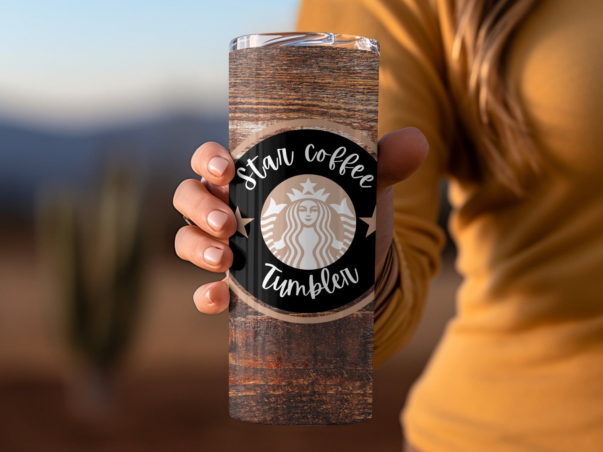 Stylish Wooden Look Star Coffee Tumbler 20oz Cup