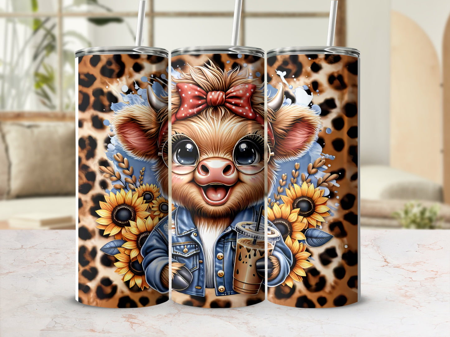 Cow with sunflowers and leopard print holding iced coffee.