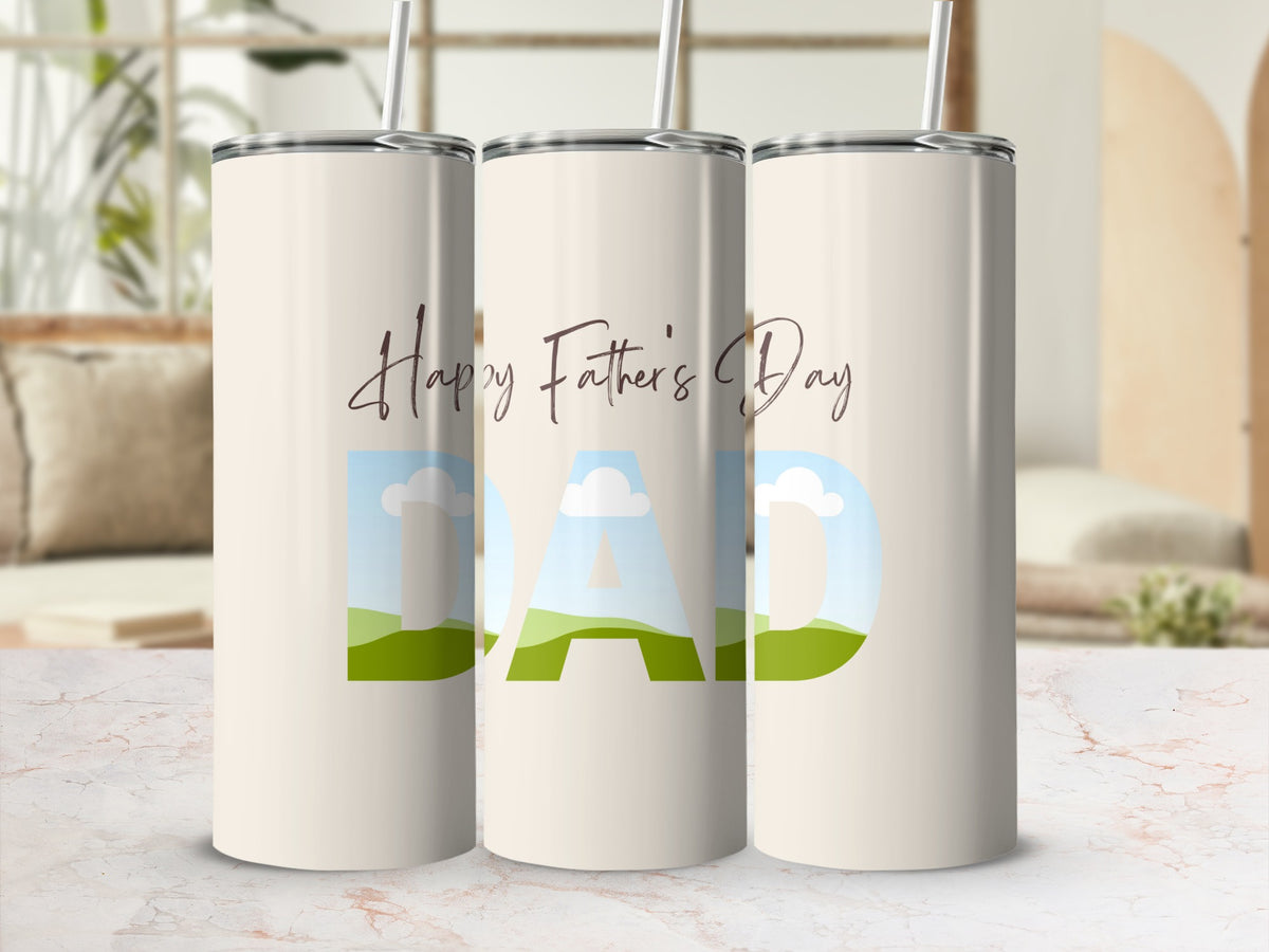 Three tumblers with "Happy Father's Day DAD" text and landscape designs.
